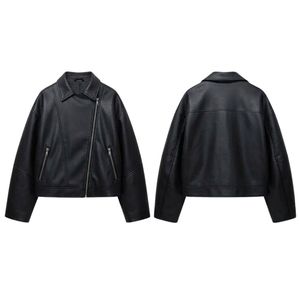 Custom Jet Black Sheepskin Leather Jacket Breathable Diagonal Zip Wide Notch Lapels Zipped Long Sleeves High <b>Women</b> <b>Coat</b> - Product Image 3