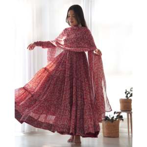 Magnifique robe Anarkali en coton pour les fêtes, taille XS, avec pantalon et dupatta assortis - Product Image 1