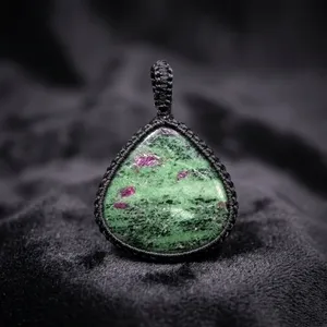 <b>Ruby</b> Zoisite Macrame Pendant <b>Necklace</b> Handmade Boho Jewelry for Women, Adjustable Cord - Product Image 1