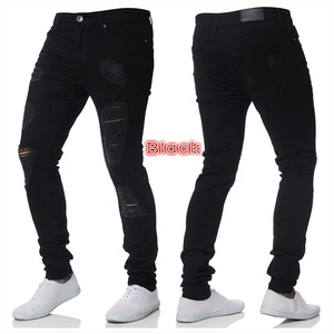 Jean en denim déchiré coupe slim pour homme, taille mi-haute, en coton, style décontracté, bleu délavé printemps - Product Image 6