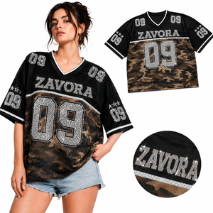Camo Custom Branding Rhinestone Women Team Uniform V Neck Crystal American Football Jersey Polyester <b>Mesh</b> Sports OEM Soccer <b>Top</b> - Product Image 1