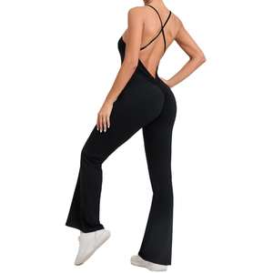 Mono de yoga de una pieza para chicas altas, con efecto fruncido en los glúteos, pantalones acampanados, ropa deportiva con logo personalizado - Product Image 5