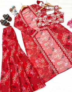 Costume prêt-à-porter 3 pièces en georgette rouge Dhwaja Export avec imprimé floral et broderie - Product Image 4