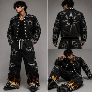 Custom Distressed Denim Jacket And Flame <b>Jeans</b> Set Vintage Star Studded Street Wear Fashion Outfit For Unisex Wear - Product Image 2