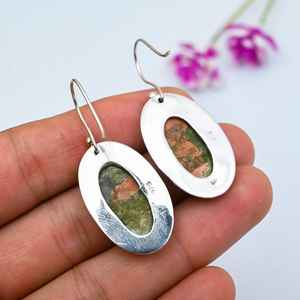 Magnifiques boucles d'oreilles pendantes en argent sterling 925 faites à la main avec pierre précieuse Unakite, bijoux naturels, cadeau - Product Image 2