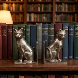 Lot de 2 serre-livres décoratifs en aluminium argenté antique, sculptures de chats en métal texturé, élégants supports de livres - Product Image 4