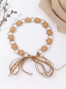 Brown Floral <b>Waist</b> <b>Chain</b> Belt Bohemian Suede Look Metal Ring Cinch Obi for Dress Jeans Skirt - Product Image 3
