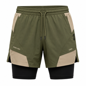 Men's Color Blocked Quick Dry Sport Shorts With Pockets Drawstring Waist <b>Mid</b> Length Olive Green Beige Two <b>Layer</b> Design - Product Image 4