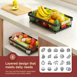 Flat <b>Rectangular</b> Wire <b>Storage</b> <b>Basket</b> Set with Wooden Handles Countertop Produce Tray - Product Image 2