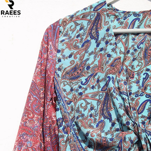 Handmade Women's Pure Silk Wrap <b>Tie</b> <b>Top</b> Wholesale Short Crop <b>Top</b> With Deep V And Long Bell Sleeves Casual Summer Wear - Product Image 4