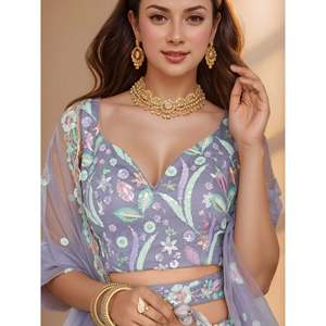 Astonishing Lavender Embroidered Net Designer Lehenga Choli with Dupatta for <b>Wedding</b> - Product Image 3