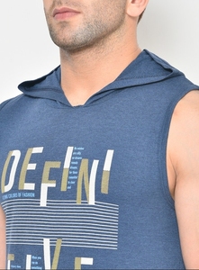 Men's Sleeveless Hooded Tank Top Blue Printed Letter Design Casual Wear Breathable Cotton Knitted O-Neck Front <b>Logo</b> - Product Image 6