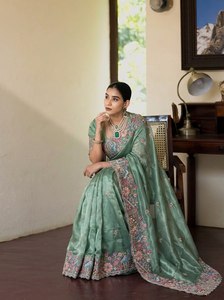 Premium <b>Tissue</b> Organza Saree Heavy Floral Embroidery | Winter Designer Indian <b>Wedding</b> Party Wear Saree Blouse Stretchable - Product Image 2