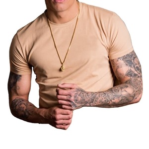Camiseta de Manga Corta para Hombre, Color Beige, Corte Ajustado, Cuello Redondo, Informal, Color Sólido, Tejido de Punto - Product Image 2