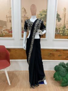 Sari prêt-à-porter en chinon, brodé de perles, pour occasions spéciales, avec blouse en chinon entièrement cousue - Product Image 6