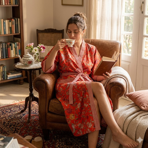 Robe Kimono en Coton Orange Durable pour Femme, Col en V, Manches Longues, Bordure Contrastante, 2 Poches, Faite à la Main, Longue Robe de Nuit et de Détente - Product Image 5