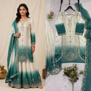 Ensemble Anarkali Palazzo en Georgette Micro Brodé pour Femme avec Dupatta, Infroissable, Extensible, Séchage Rapide, Tenue de Soirée et de Mariage - Product Image 4