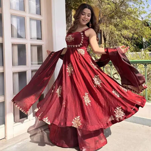 Ethnic Women’s Maroon Anarkali Kurta Set with Dupatta – Embroidered Gown Dress - Product Image 1