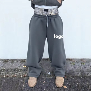 Pantalon de survêtement ample en coton personnalisé à jambe droite, rayé, style sport, double taille, pour homme - Product Image 2