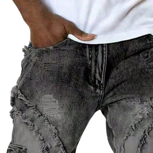 Vaqueros negros de mezclilla para hombre, estilo vintage, con efecto desgastado, flecos y rotos, de pierna recta, para invierno, estilo urbano informal. - Product Image 3