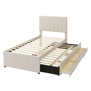 Letto a piattaforma imbottito in tessuto di lino beige, misura twin, con letto estraibile e 3 cassetti - Product Image 3