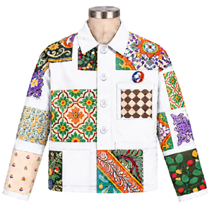 Chaqueta Blanca con Diseño de Mosaico, Estampado Floral Artístico, Estilo Casual con Botones, Manga Larga, Ropa de Calle, Moda, Venta al Por Mayor - Product Image 1