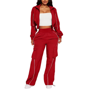 Ensemble de survêtement pour femme, automne, respirant, léger, col montant, patchwork, logo sur le devant, haut court à manches courtes, pantalon long - Product Image 2