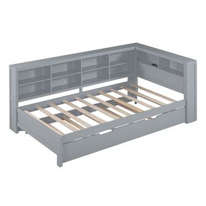 Letto a giorno in legno grigio a una piazza e mezza con letto estraibile, porte USB e ripiano portaoggetti - Letto per bambini - Product Image 6