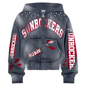 Custom Streetwear Lightweight Solid Acid Wash 2-in-1 Tracksuit <b>Crop</b> <b>Zip</b>-<b>Up</b> <b>Hoodie</b> and Distressed Rhinestone Sweatpants Set - Product Image 3