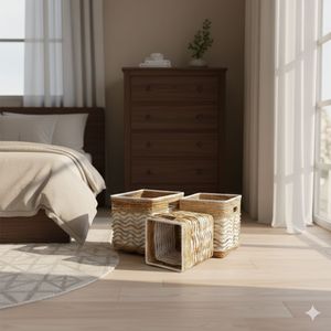 Ensemble de 3 paniers carrés motif vague en écorce de bananier, artisanat en plastique recyclé - Product Image 3