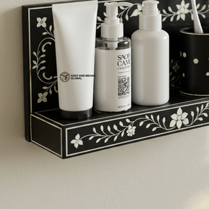 ชั้นวางติดผนังห้องน้ำลายกระดูกสีดำและสีขาว – ที่เก็บของลายดอกไม้ทำมือสำหรับตกแต่งโต๊ะเครื่องแป้งและห้องน้ำ - Product Image 3
