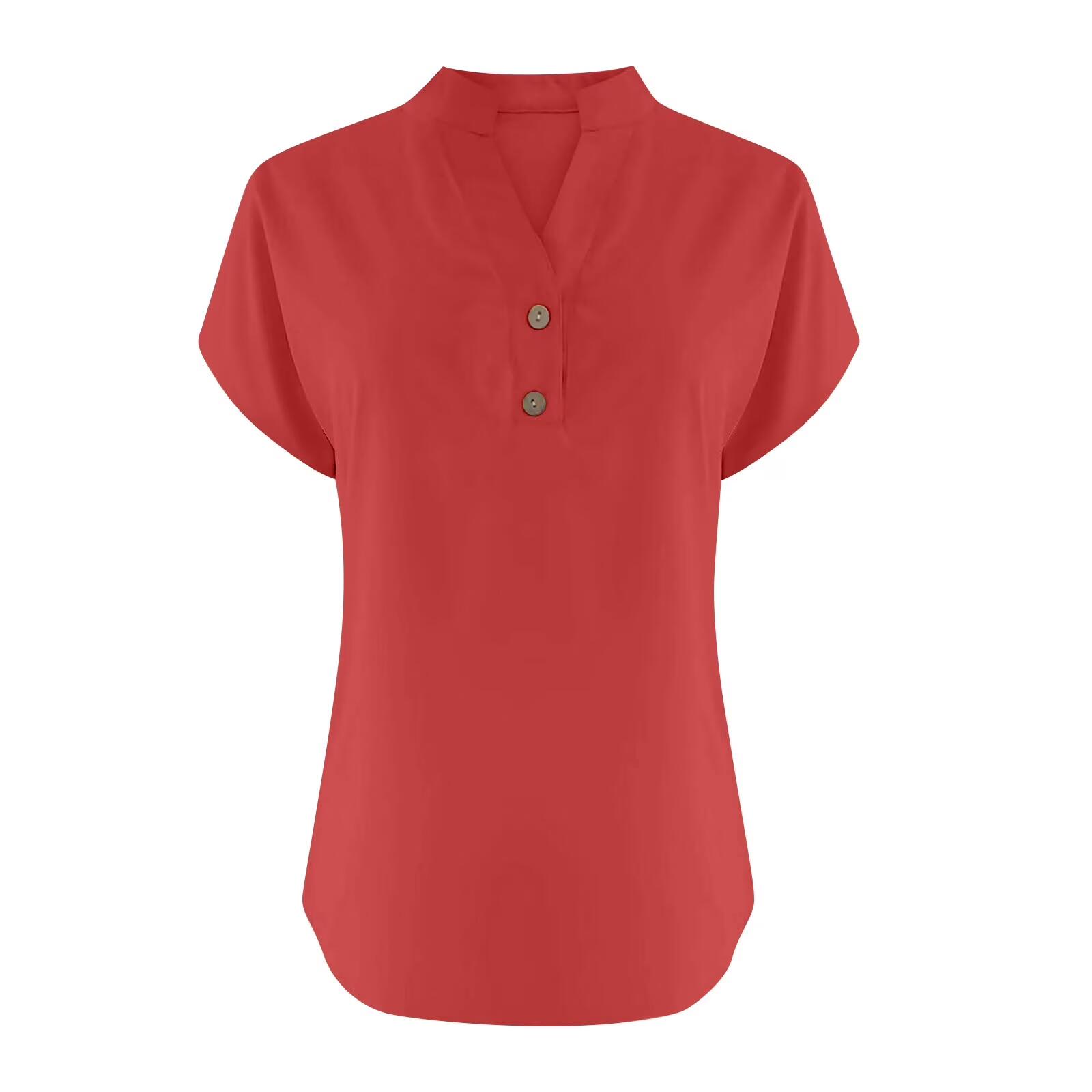 Women's Casual Crew Neck Button Front Short Sleeve T-Shirt Cotton Spandex Blend Plus Size Anti-Wrinkle Four-Season Wear