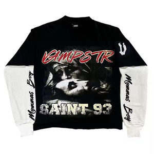 T-shirt à manches longues surdimensionné pour homme, noir et blanc contrasté, tricot gaufré, streetwear, imprimé, col rond, coton, design Saint 93 Gampstr - Product Image 1