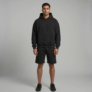 Men's Black Hooded Fleece Sweatshirt With Shorts Casual Autumn <b>Set</b> Solid Color <b>Knitted</b> Fabric - Product Image 5