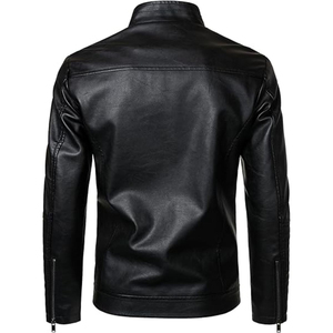 Wholesale <b>Men</b> Black PU <b>Leather</b> Moto <b>Jacket</b> Slim Fit Stand Collar Zipper Closure Autumn Style Regular Length Solid Color - Product Image 4