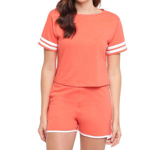 Women's Coral Short Sleeve Crop Top and Shorts Set Crew Neck Elastic Waist Solid Color Summer Set 100% Cotton Light Breathabable - Product Image 2