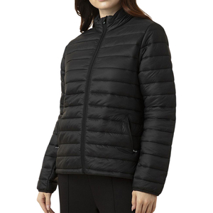 Veste matelassée pour femme, manches longues, col montant, fermeture éclair, vêtement d'extérieur d'hiver, couleur unie noire, rembourrage en polyester - Product Image 1