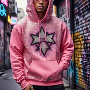 OEM 2025, sweat à capuche pour homme 100% coton avec impression bouffante et strass style éponge française - Product Image 2