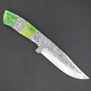 Wholesale Damascus Steel Hunting Knife Engraved Brass and Copper Handle Hunting Knife with Cow Leather - Product Image 1