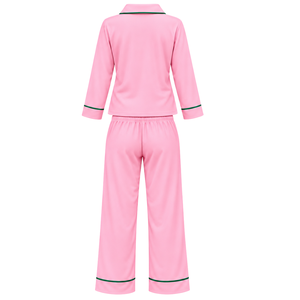 Ensemble de pyjama rose pour femme avec passepoil vert et broderie AKA, haut à manches longues boutonné et pantalon assorti à cordon de serrage, vêtements de nuit - Product Image 2