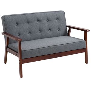 Sofá Loveseat Chesterfield Gris de 2 Plazas, Tela con Tacto de Lino, Tapizado, Patas de Madera de Caucho, Relleno de Espuma, Mueble Seccional de Cuero - Product Image 1