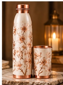White Yellow Floral Copper <b>Water</b> <b>Bottle</b> with Two Cups Portable <b>Metal</b> Flask Travel Drinkware - Product Image 3