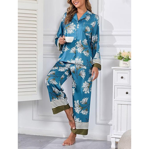 2 Piece Satin Pajama Set Long Sleeve Notch Collar Button Front <b>Pants</b> Side Pockets - Product Image 1