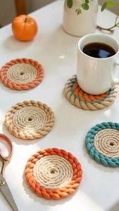 Coaster Stylish <b>Round</b> Handmade Jute Placemats Bohemian Style Natural Weave <b>Mats</b> with Leather Tabs - Product Image 3