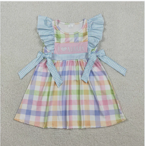 Vestido de Niña a Cuadros Azul con Bordado GSD2940 I Love Mom - Product Image 6