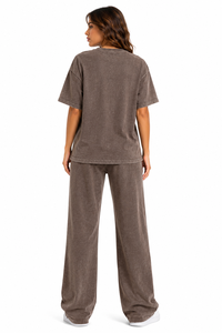 Conjunto de dos piezas de sudadera con capucha oversize vintage lavada, camiseta de cuello redondo personalizada de peso pesado y pantalones de pierna ancha, conjunto de chándal transpirable para invierno. - Product Image 2