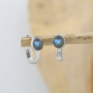 Natural Labradorite <b>Huggie</b> Hoop <b>Earrings</b> Gemstone Hammered <b>Sterling</b> <b>Silver</b> Bohemian Wholesale Jewelry Supplier - Product Image 1