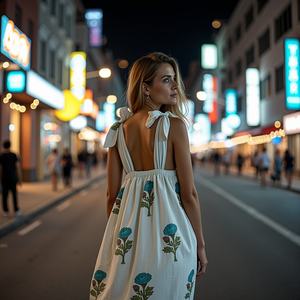 Elegante vestido Maxi blanco de mezcla de lino con patrones florales en azul polvo y hombros atados para un estilo aireado Tie Strap Maxi Dress - Product Image 5