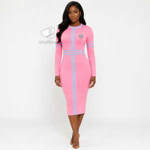 Robe midi moulante rose à manches longues pour femme Gamma Phi Delta avec accents rayés bleus, col rond, grande taille, coupe ajustée, robe décontractée - Product Image 6