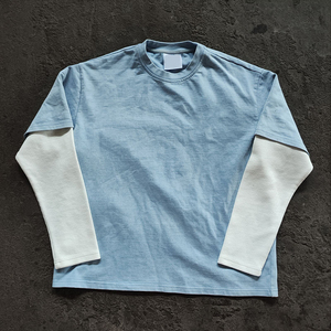 เสื้อยืดแขนยาวสีฟ้าอ่อนสำหรับผู้ชาย แต่งขอบสีขาว คอกลม ทรงปกติ ผ้าฝ้ายถักลำลอง - Product Image 5
